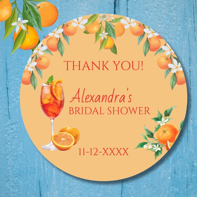 Orange Love at First Spritz Bridal Shower Favor Classic Round Sticker (Creator Uploaded)