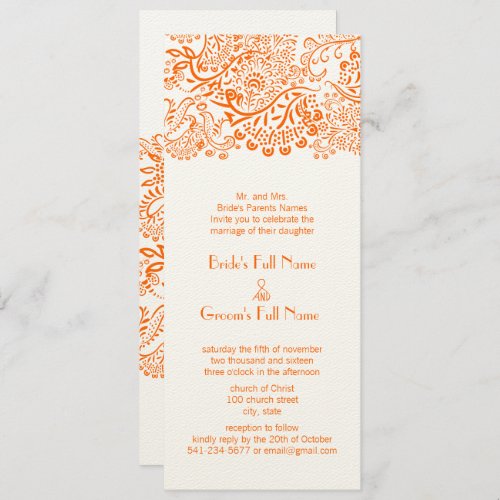 Orange Love Bird Lace Pattern Wedding Invitation