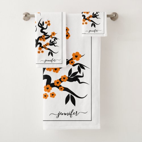 Orange love birds cherry tree blossoms and border bath towel set