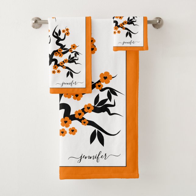 Orange love birds cherry tree, blossoms and border bath towel set (Insitu)