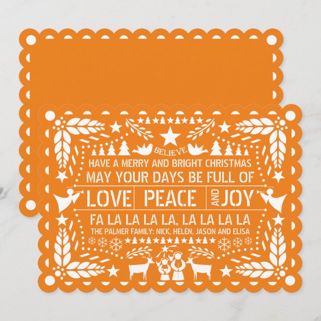 Orange Love Peace Joy papel picado Christmas Holiday Card (Front/Back)