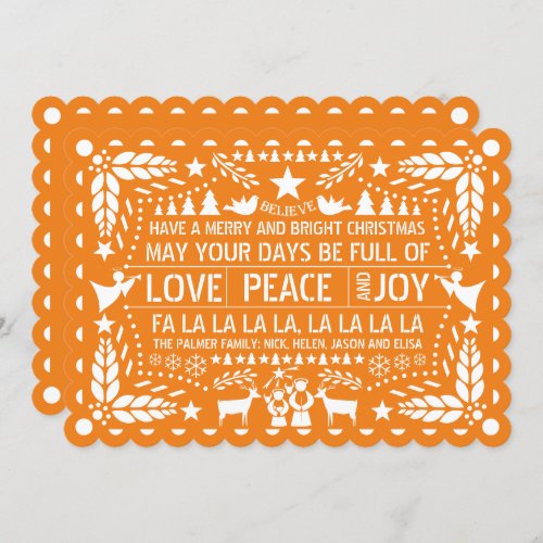 Orange Love Peace Joy papel picado Christmas Holiday Card