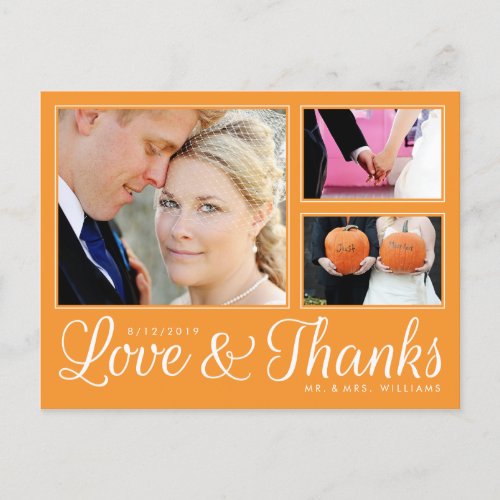 Orange Love Thanks Wedding 3 Photo Modern Postcard