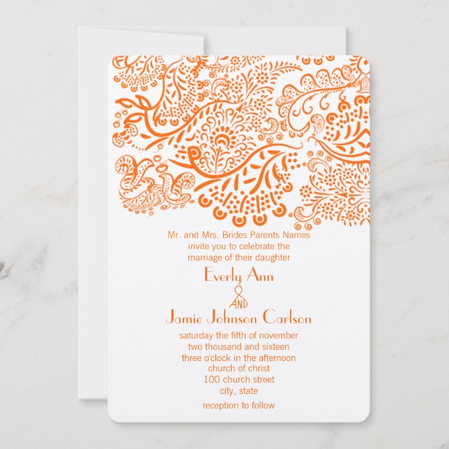 Orange Lovebirds Wedding Invitation (Front)