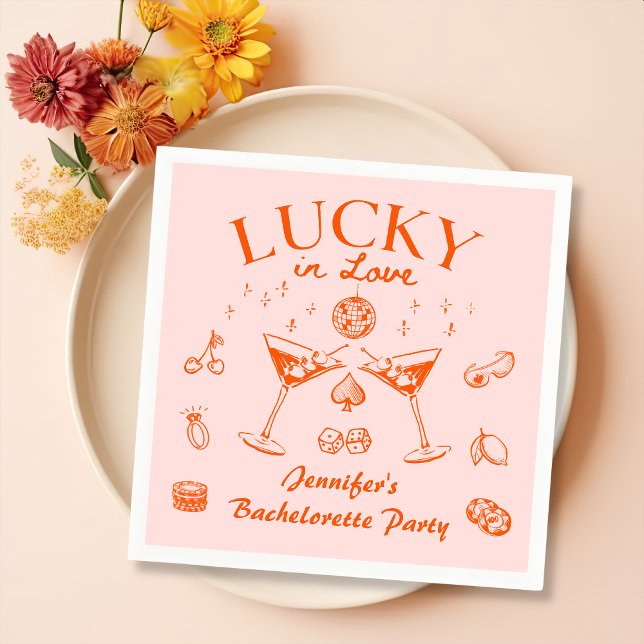 Orange Lucky In Love Cocktails Bachelorette Party Napkins (Creator Uploaded)