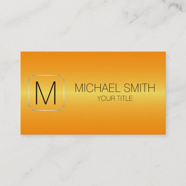 Orange Luxury Stainless Steel Metal Monogram Business Card (Front)