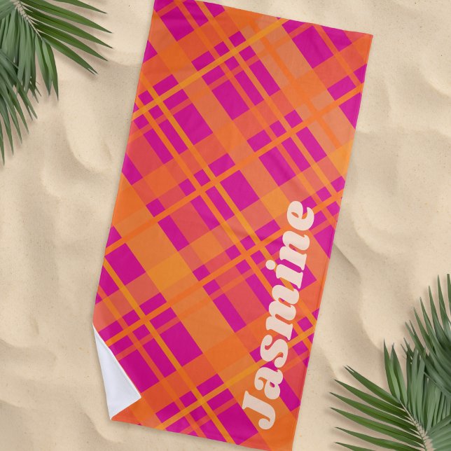 Orange magenta plaid pattern custom name beach towel