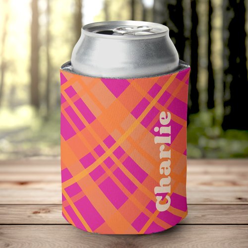 Orange magenta plaid pattern custom name can cooler