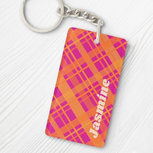 Orange magenta plaid pattern custom name keychain