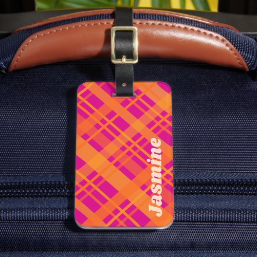 Orange magenta plaid pattern custom name luggage tag