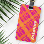Orange magenta plaid pattern custom name luggage tag<br><div class="desc">Luggage tag  featuring a plaid pattern in light pink and aqua blue,  and your custom name.</div>