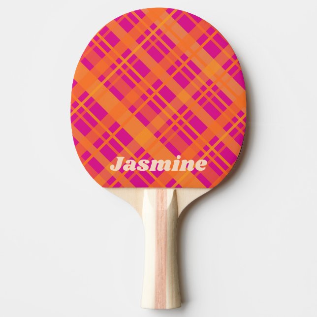 Orange magenta plaid pattern custom name ping pong paddle (Front)