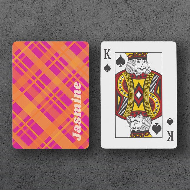 Orange magenta plaid pattern custom name playing cards