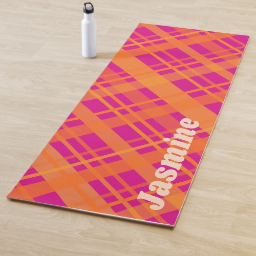 Orange magenta plaid pattern custom name yoga mat