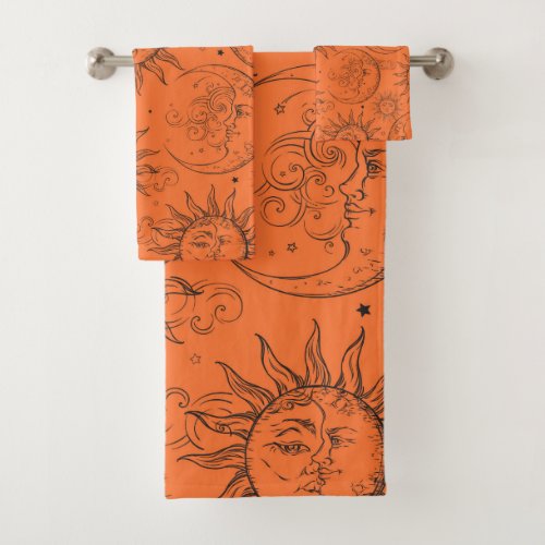 Orange Magic Vintage Celestial Sun Moon Stars Bath Towel Set
