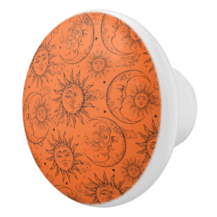 Orange Magic Vintage Celestial Sun Moon Stars Ceramic Knob