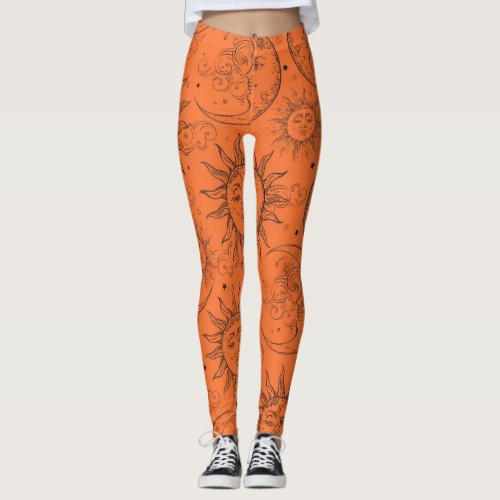 Orange Magic Vintage Celestial Sun Moon Stars Leggings