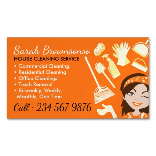 Orange Maid Cleaning Service Janitorial Lady Business Card Magnet