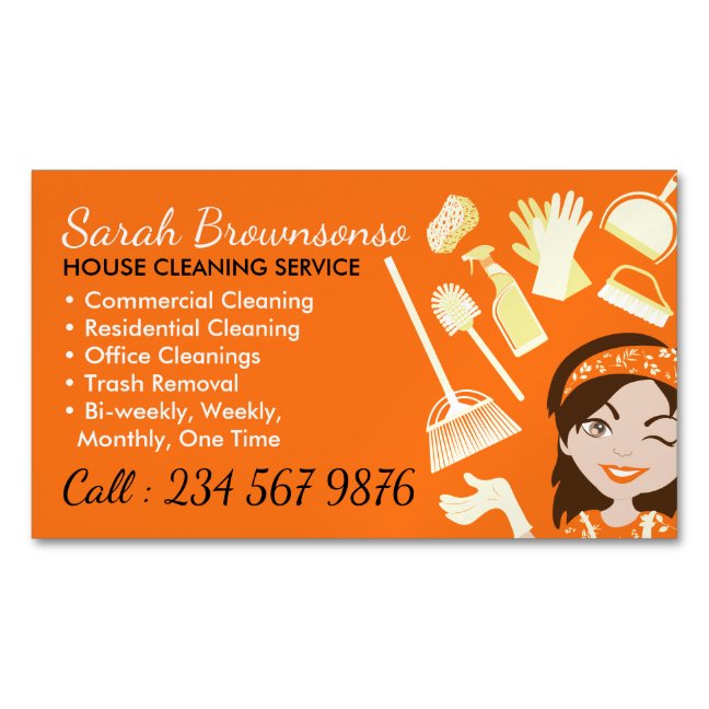 Orange Maid Cleaning Service Janitorial Lady Business Card Magnet