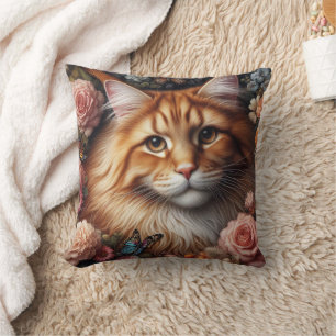 Orange Maine Coon Cat and Pink Roses  Throw Pillow