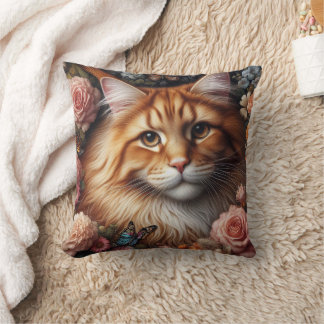 Orange Maine Coon Cat and Pink Roses Throw Pillow