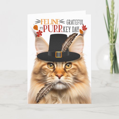 Orange Maine Coon Cat Grateful for PURRkey Day Holiday Card