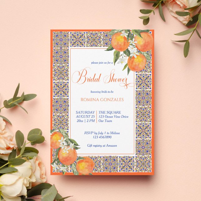 Orange majolica Mediterranean tiles bridal shower Invitation (Creator Uploaded)