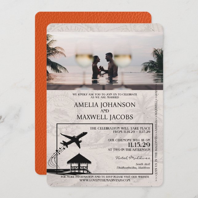 Orange Maldives Passport Wedding Invitation (Front/Back)