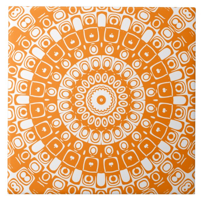 Orange Mandala Geometric Pattern Ceramic Tile (Front)