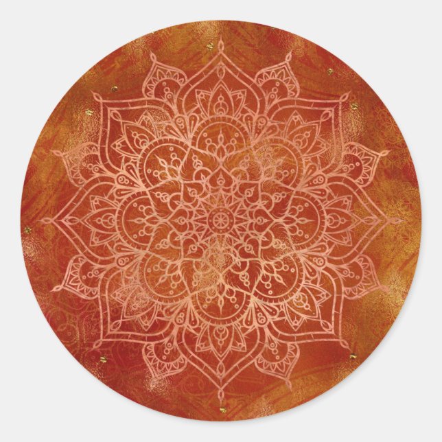 Orange Mandala & Gold Glam Modern Chic Classic Round Sticker (Front)