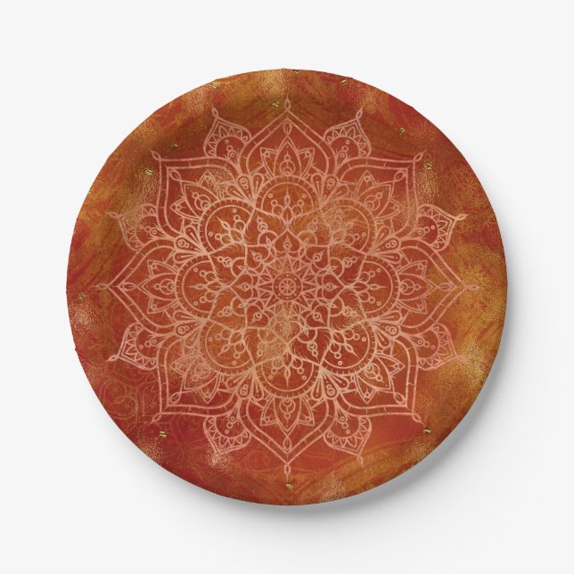 Orange Mandala & Gold Glam Modern Chic Paper Plates (Front)