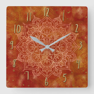 Orange Mandala & Gold Glam Modern Chic Square Wall Clock