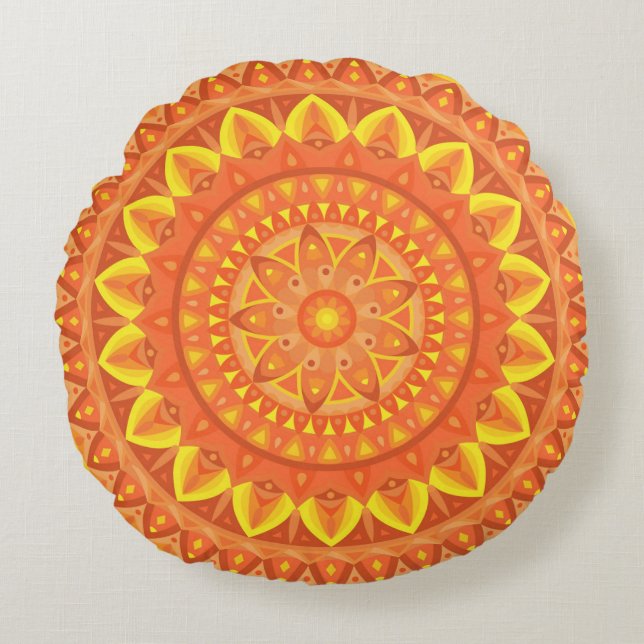Orange Mandala Warm Boho Cozy Vibrant Pattern Round Pillow (Front)