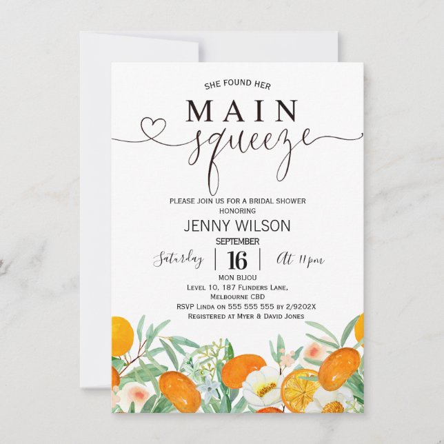 Orange Mandarin Floral Main Squeeze Bridal Shower Invitation (Front)