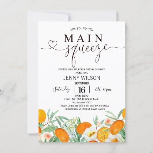 Orange Mandarin Floral Main Squeeze Bridal Shower Invitation