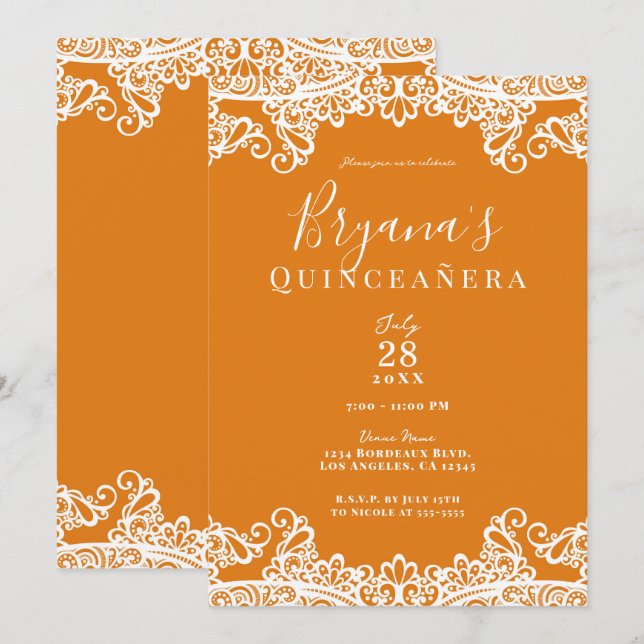 Orange Mango & White Lace Elegant Quinceañera  Invitation (Front/Back)
