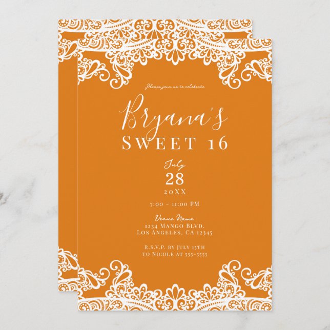 Orange Mango White Lace Elegant Sweet 16 Party  Invitation (Front/Back)