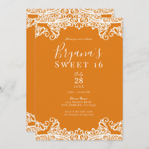 Orange Mango White Lace Elegant Sweet 16 Party  Invitation