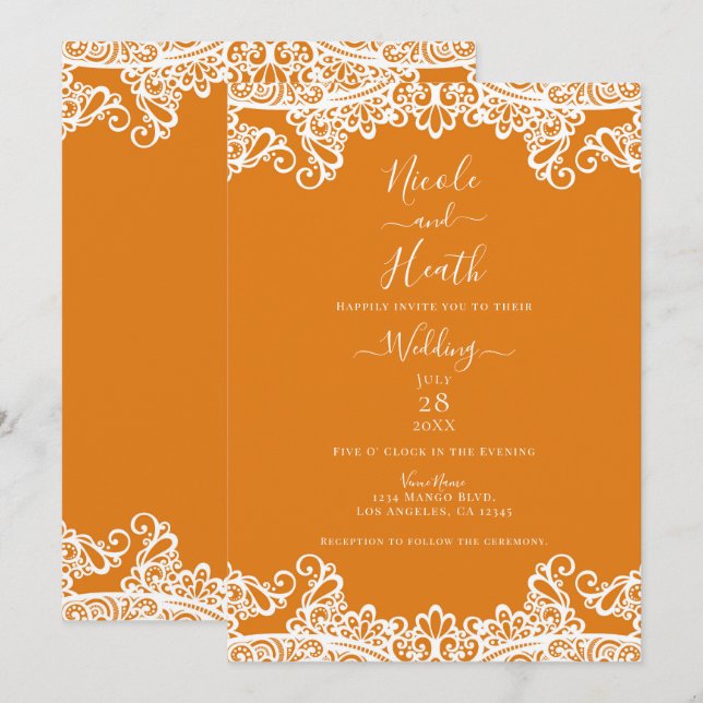 Orange Mango & White Lace Elegant Wedding  Invitation (Front/Back)