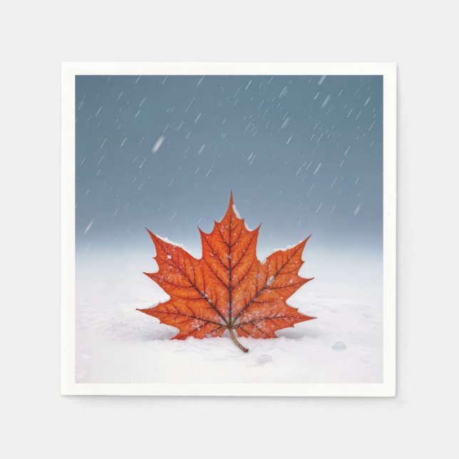 Orange Maple Leaf On Fresh Snow  Napkins (Front)