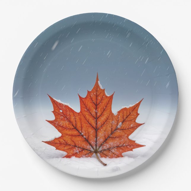 Orange Maple Leaf On Fresh Snow  Paper Plates (Front)