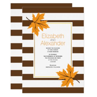 Orange maple leaves and brown stripes fall wedding invitation