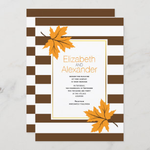Orange maple leaves and brown stripes fall wedding invitation