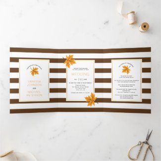 Orange maple leaves and brown stripes fall wedding Tri-Fold invitation