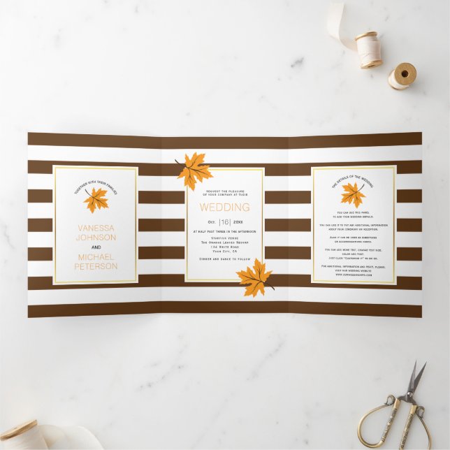 Orange maple leaves and brown stripes fall wedding Tri-Fold invitation (Inside)