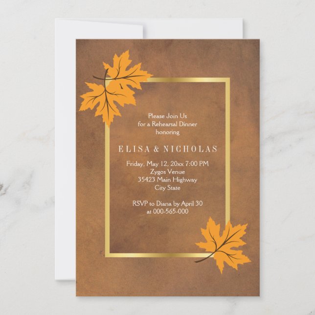 Orange maple leaves brown wedding rehearsal dinner invitation (Front)