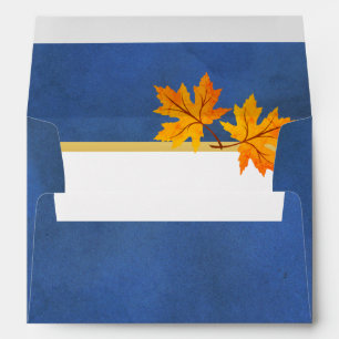 Orange maple leaves on blue rustic beach wedding envelope