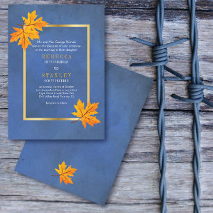 Orange maple leaves on blue stained paper wedding invitation