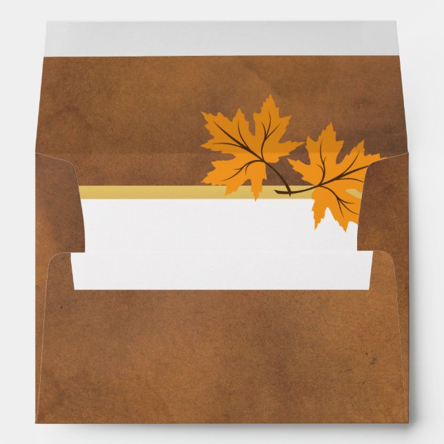 Orange maple leaves on brown rustic beach wedding envelope (Back (Bottom))
