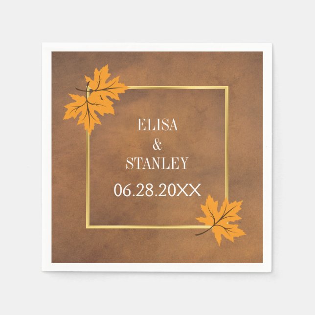 Orange maple leaves on brown rustic wedding napkins (Front)